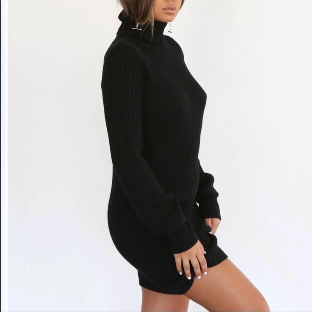 TIGER MIST Black Ribbed Knit Turtleneck Long Sleeve Mini Sweater Dress